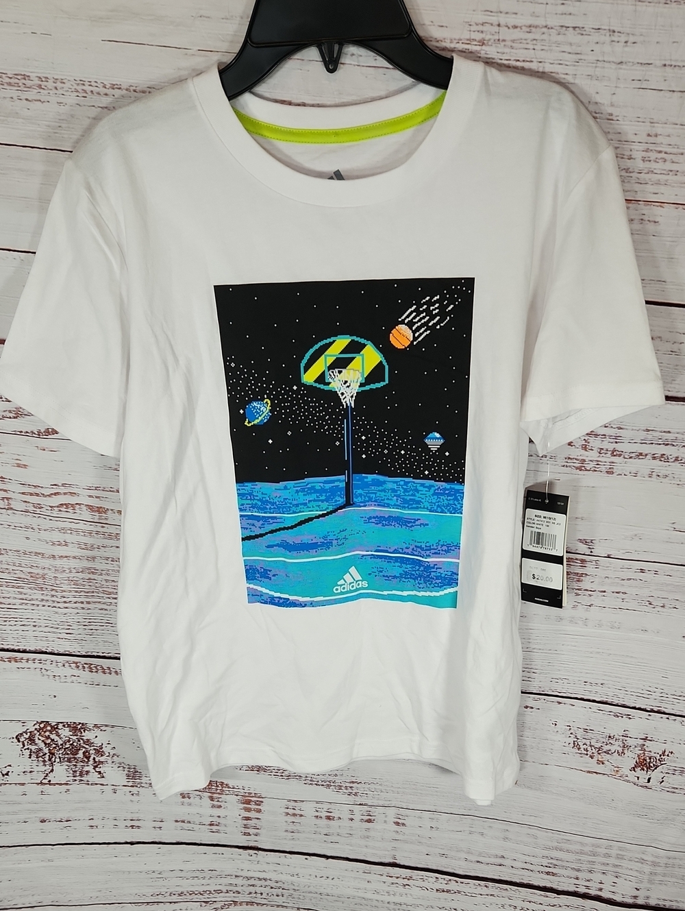 adidas White Tee with Blue & Neon Green Space Basketball Graphic